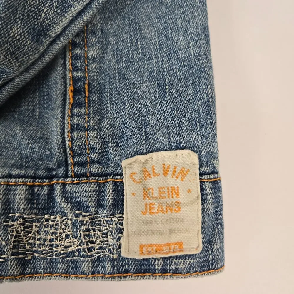 Calvin Klein Child Denim Trucker Jacket Contrast Orange Stitching Size 4/5